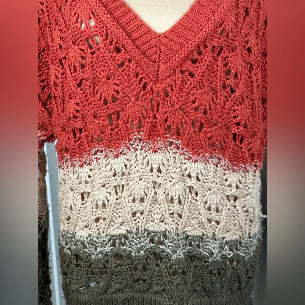 Anthropologie POL Loose Knit Color Block Crochet V-Neck Sweater, Slouchy Medium